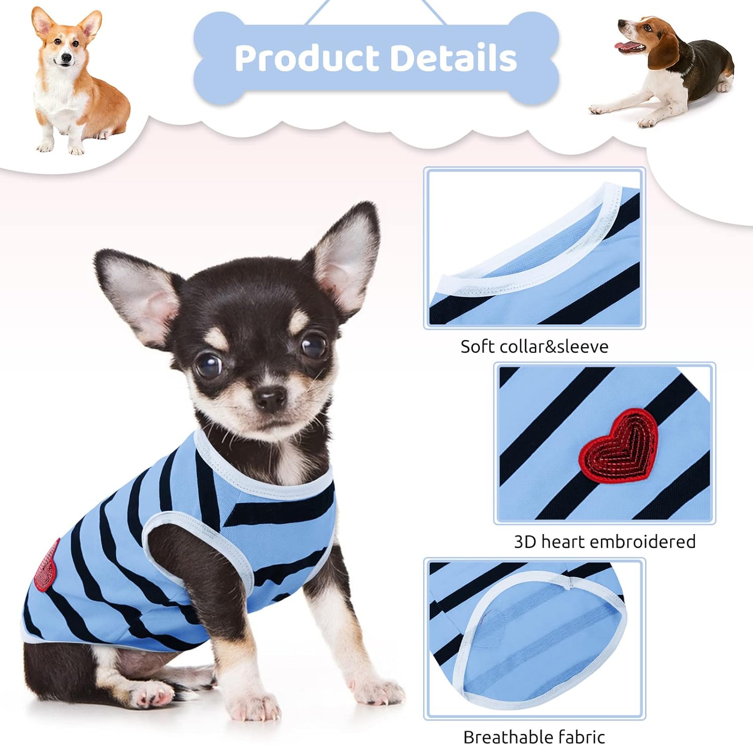 Pet Dog Striped T-Shirt Dogs Cats Cotton Vest Spring Summer Pet Apparel Tee Shirt Suitable for Small and Medium Large Pets French Bulldog Bichon - Image 2