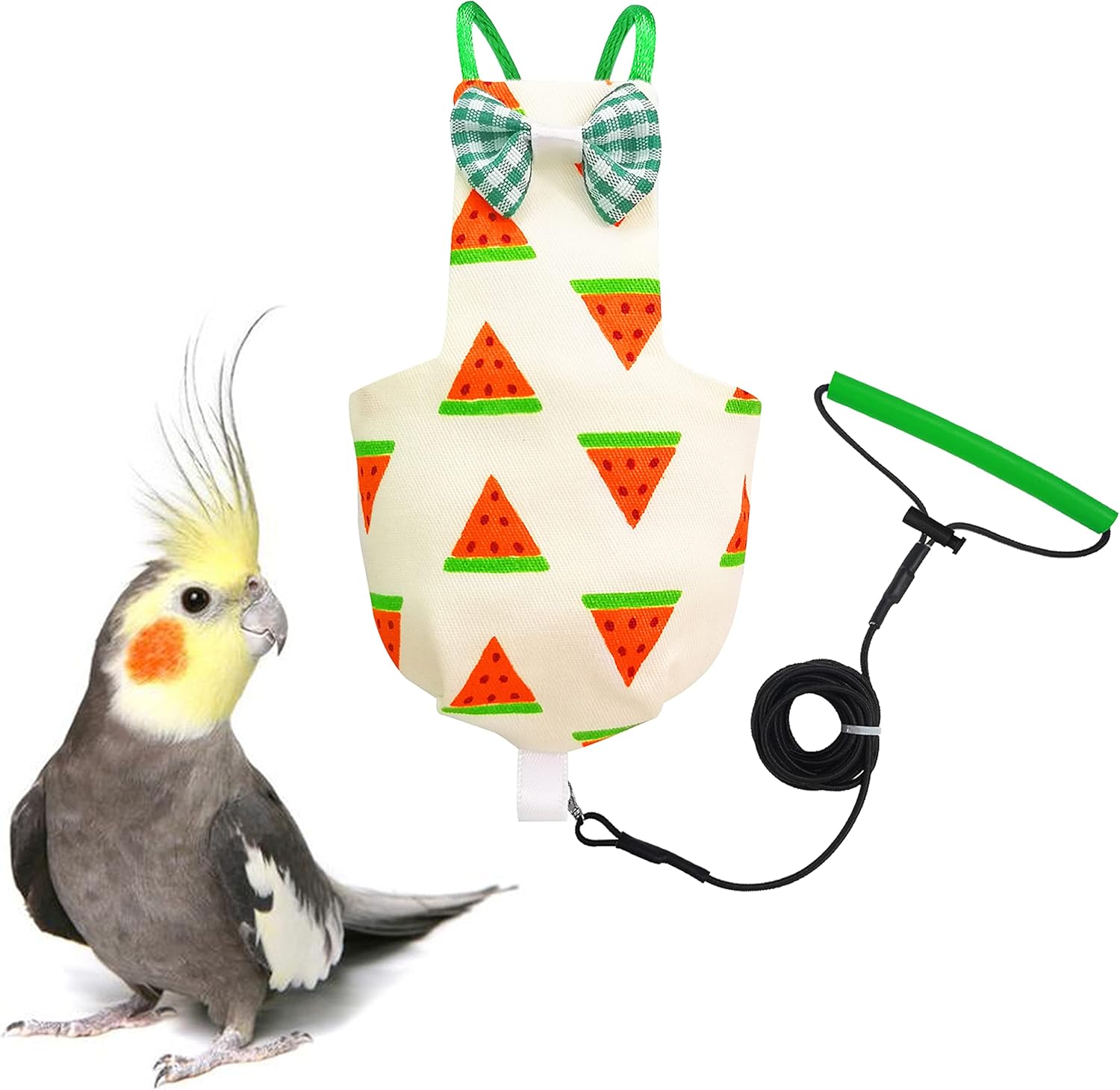 Bird Diaper Harness Flight Suit Clothes with 80 Inch Flying Leash for Parrots Cockatiel Pet Birds, Watermelon,Including A Cotton Pad