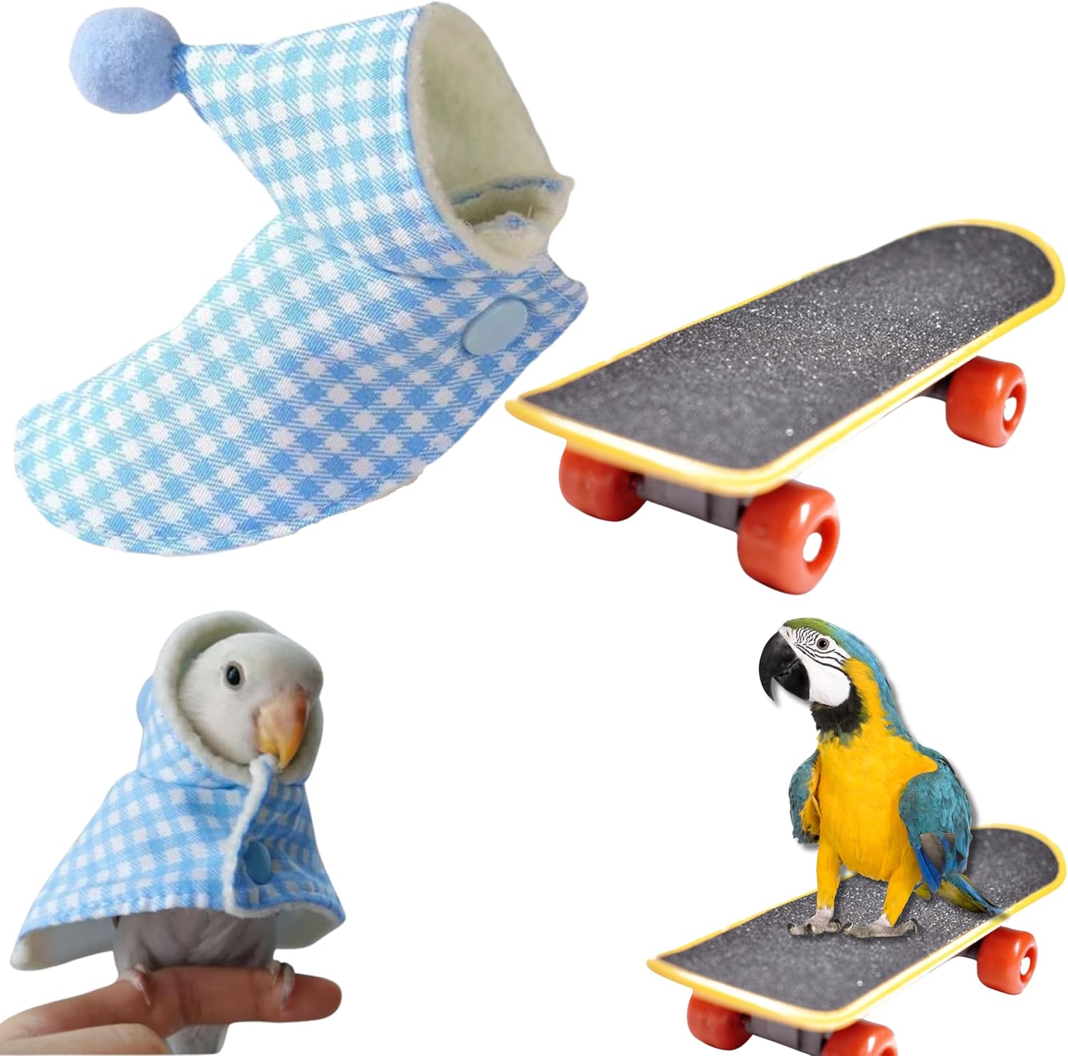 Bird Skateboard Costume, Clothes for Parrots, Costume for Birds and Mini Training Skateboard for Parrots, Bird Clothes, Parakeet Birds Toys (Blue)